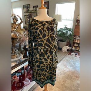 79 # Michael Kors Long Sleeve Knee Length Chain Black/Gold Dress Turq Border XL